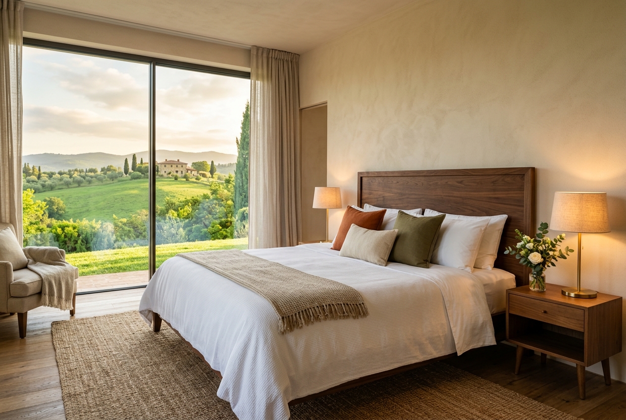 Master bedroom suite with scenic hillside views in Panchgani