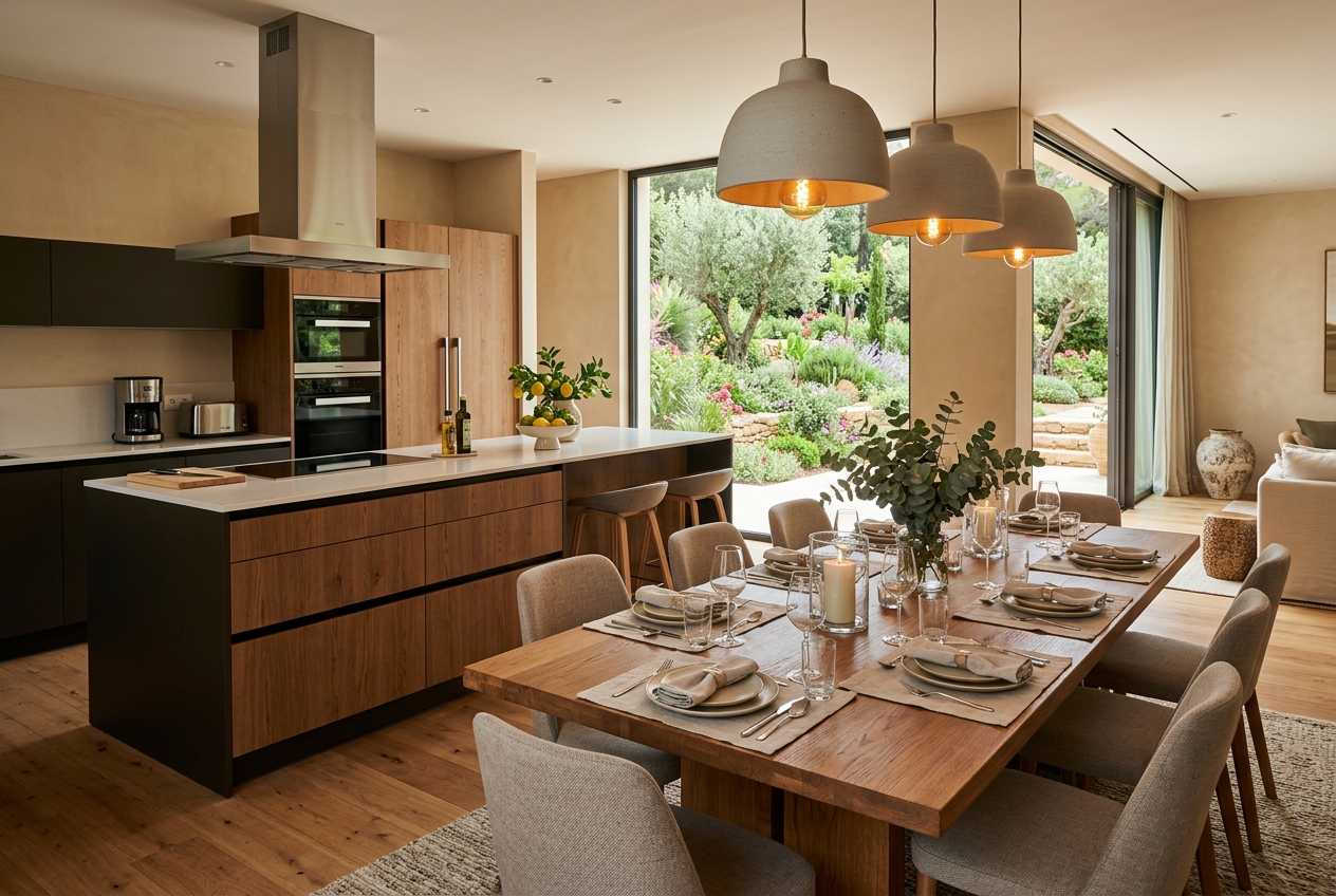 Modern open kitchen and dining area at Meraki Villa