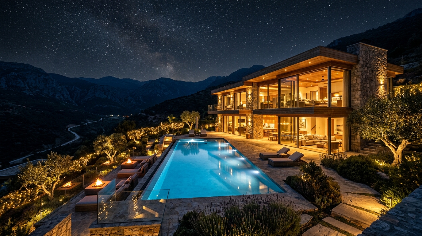 Meraki Hillside Villa exterior glowing at night by the pool