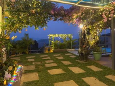 Fairy-lit garden lawn and bougainvillea at night